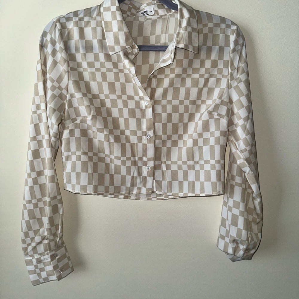 Ardene Beige Checkered Cropped Button Down Shirt